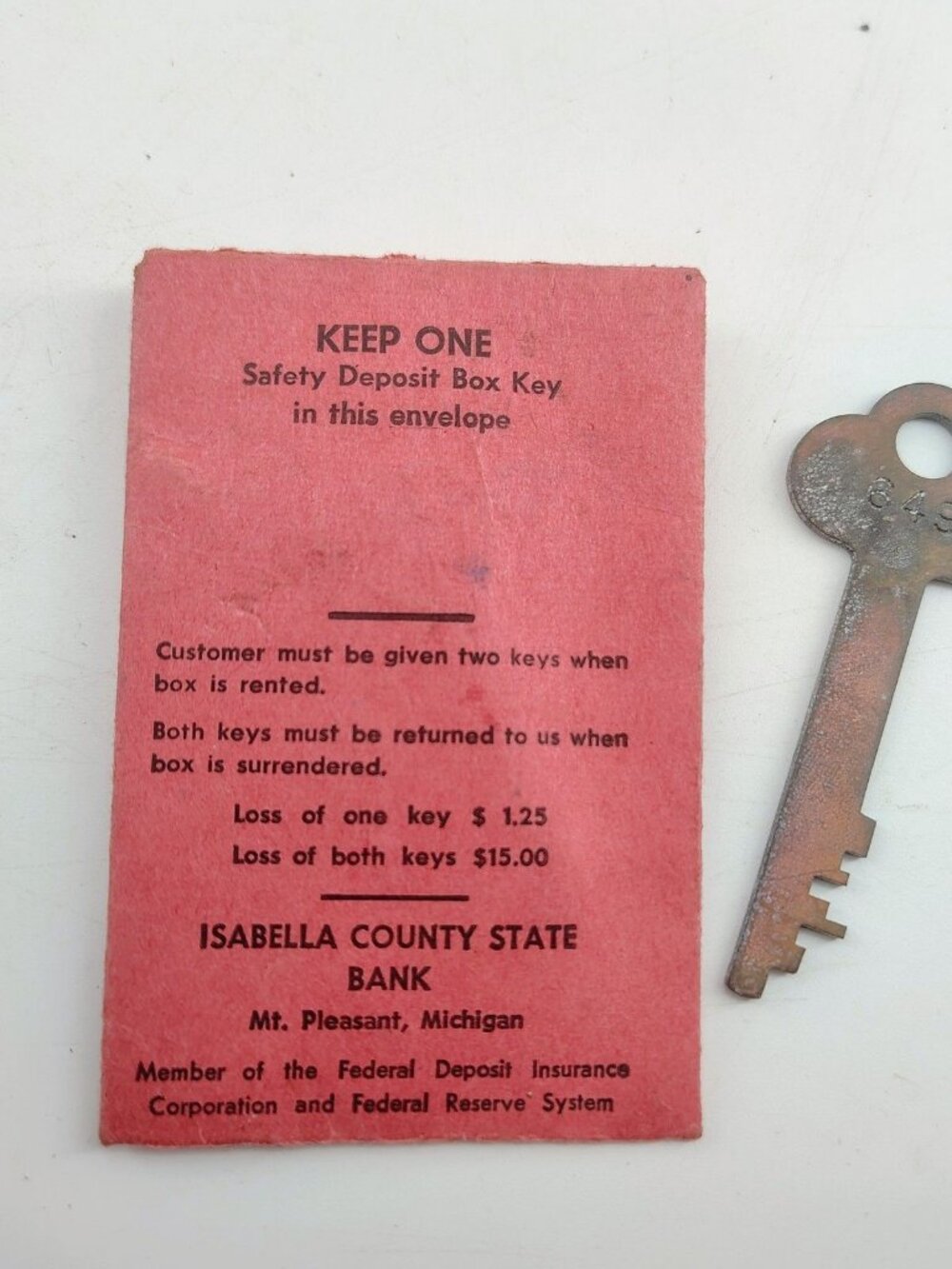 Vintage MHM Safe Co Safety Deposit Box Key & Isabella County State Bank Envelope